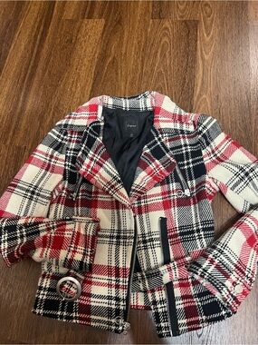 Express Red, Black & White Plaid Moto Blazer